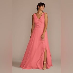 David’s Bridal long chiffon surplice tank bridesmaid dress, color Coral Reef.
